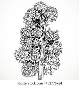 Graphically drawing black ink tree  isolated on white background