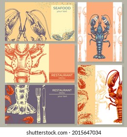 graphically drawn lobster, shrimps, oysters, hand-drawn logo with sea animal, seafood, for the menu of restaurants, fish markets, shops, vector in retor style, vintage, engraving