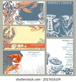 graphically drawn lobster, shrimps, oysters, hand-drawn logo with sea animal, seafood, for the menu of restaurants, fish markets, shops, vector in retor style, vintage, engraving