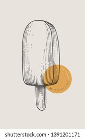 Graphically hand drawn ice cream popsicle lolly. Engraving with a cold delicacy for the menu of restaurants, for packaging in markets and in shops. Vector vintage illustration.