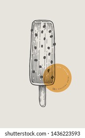 Graphically hand-drawn ice cream with a scattering, popsicle on a stick. Engraving with a cold delicacy for the menu of restaurants, for packaging in markets and in shops. Vector vintage illustration.