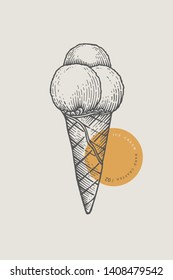 Graphically hand-drawn ice cream with three balls in a waffle cone. Engraving with a cold delicacy for the menu of restaurants, for packaging in markets and in shops. Vector vintage illustration.