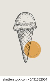 Graphically hand-drawn ice cream in a waffle cone. Engraving with a cold delicacy for the menu of restaurants, for packaging in markets and in shops. Vector vintage illustration.