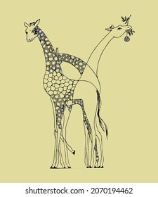 Graphically painted group of giraffes that got tangled with their legs. One of them is holding a single rose in his mouth