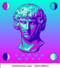 Un busto de escultura de forma gráfica al estilo de las antiguas esculturas griega y romana, en colores brillantes saturados; Esta es una ilustración vectorial en el estilo establecido de gráficos vaporwave.