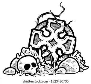 Graphicblack and white cartoon image of a wreckage. Stone cross in a circle. On the grass with a skull. Isolated on a white background. Vector illustration.