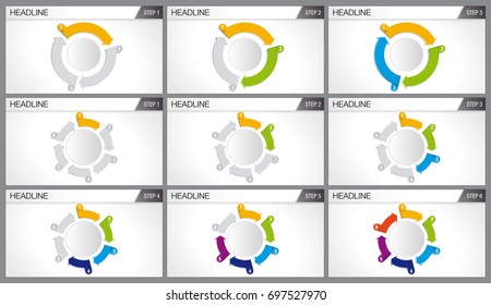 Graphics of 3 and 6 arrows of different colors forming a cycle. Each graph shows step by step how the cycle is completed. Elements for info graphics, use in presentation. Vector image
