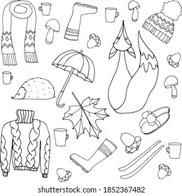 Graphics for anti-stress coloring pages. Vector contour set of items on autumn theme.