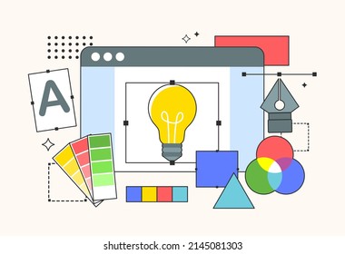 Graphics app concept. Set of tools for creating images, program interface for working with graphic files. Digital world and modern technologies, colors collection. Cartoon flat vector illustration