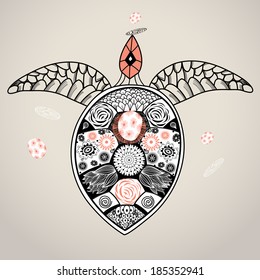 graphics are beautiful ornamental turtle on a brown background 
