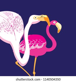 Graphics beautiful portraits of pink flamingos on a blue background