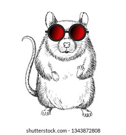 Graphics of black and white rat in red glasses on white background

