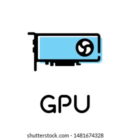 Graphics card with blower fan cooling computer part product type thin line style icon with text label