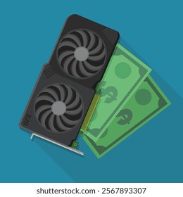 Graphics card of a computer above two green dollar bills in flat design style on blue background with long shadow