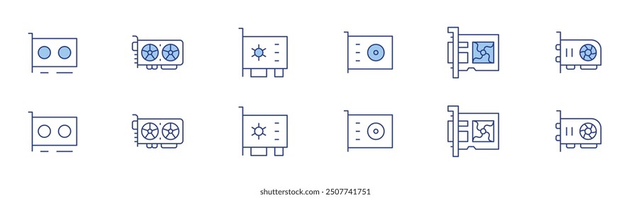 Conjunto de iconos de tarjeta gráfica en dos estilos, Duotone y estilo de línea fina. Trazo editable. tarjeta gráfica, gpu, tarjeta vga.