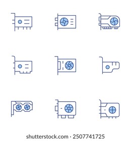 Grafikkartensymbole festgelegt. Linienduotonstil, bearbeitbarer Strich. vga, gpu, vga-Karte, Grafikkarte.