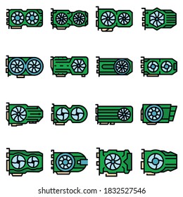 Graphics card icons set. Outline set of graphics card vector icons thin line color flat on white