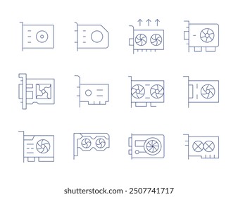 Grafikkartensymbole. Stil der dünnen Linie, bearbeitbarer Strich. Grafikkarte, gpu, vga, vga-Karte, Grafikkarte.