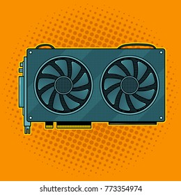 Graphics card pop art retro vector illustration. Digital mining technology tool. Comic book style imitation.