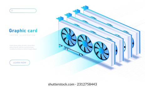 Graphics card white banner. Videographics, part of computer or pc. Promotion poster or banner for electronics store, commerce and marketing. Landing page design. Isometric vector illustration