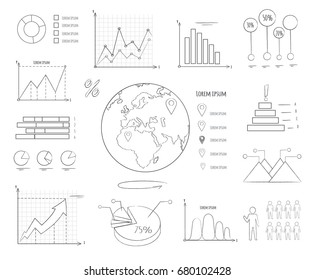 Graphics and charts black and white templates with statistical data, Earth model, numbers in percentage and round diagrams vector illustration.