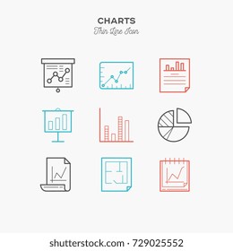 Graphics, charts, infographic and more, thin line color icons set, vector illustration