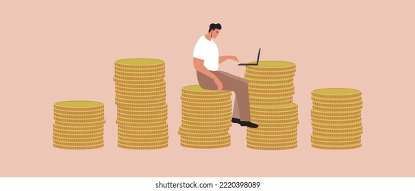 Gráficos de monedas y autónomos con portátil, ilustración de material vectorial plano como concepto de gestión de riesgos