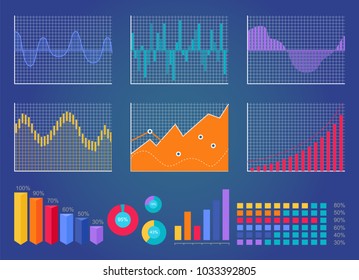 Graphics collection colorful, poster and visual representation of information, business graphics, vector illustration isolated on blue background