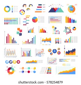 Graphics colourful for display white poster. Round, triangular, rising, falling and with percentages diagrams showing business progress and regression. Vector set of abstract virtual elements.