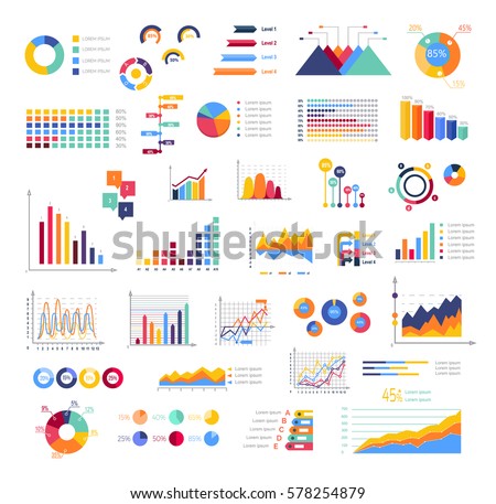 Graphics colourful for display white poster. Round, triangular, rising, falling and with percentages diagrams showing business progress and regression. Vector set of abstract virtual elements.