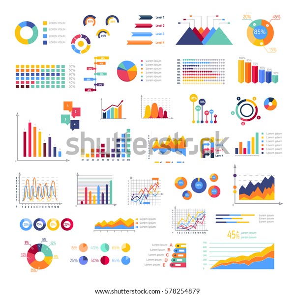 Graphics colourful for display white poster.\
Round, triangular, rising, falling and with percentages diagrams\
showing business progress and regression. Vector set of abstract\
virtual elements.