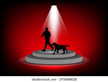 Graphics Dark Silhouette Man And Dog On Stage Podium For Show With Red Backdrop Vector Illustration