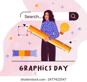 Graphics day poster. Graphic designer and freelancer develop ui and ux design elements. International holiday and festival. Woman with large pencil near website. Cartoon flat vector illustration