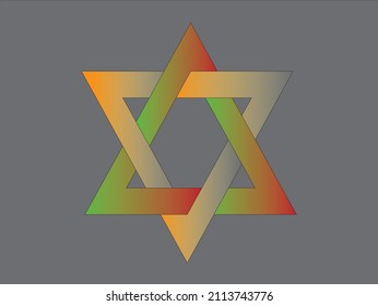 Graphics depicting a five-pointed, colored star created by joining two triangles. It is placed on a gray background.