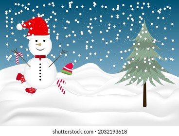 graphics design card for Merry Christmas with snowman and tree for  vector illustration 