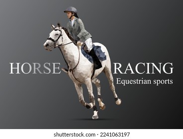 Graphics design drawing polygon style horse racing woman for the race with gray background vector illustration