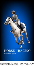 Graphics design drawing polygon style horse racing woman for the race with blue gradient  background  
