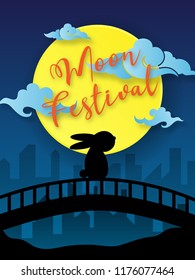 Graphics Design Elements of Mid Autumn Festival with silhouette rabbit and the bridge on city background - vector illustration