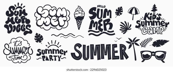 Graphics design elements for summer season. Typography, lettering, symbols, silhouettes. Creative summer typographic collection in different styles isolated on white. Vector illustration.