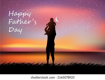 Graphics Design Father holding the young on hands with landscape view outdoor at night time for greeting card vector illustration