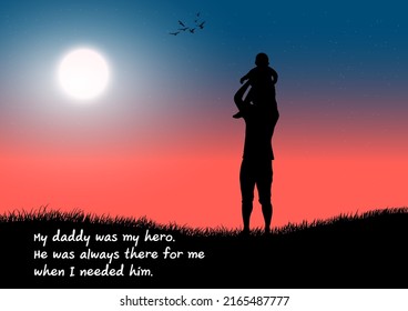 Graphics Design Father holding the young on hands with landscape view outdoor at night time for greeting card vector illustration