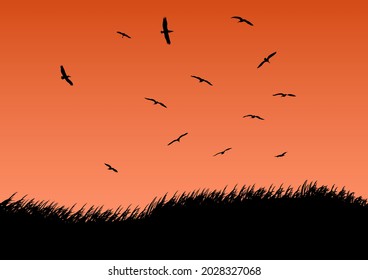 Grafik-Design-Gras auf dem Boden und Vogel am Himmel mit Silhouette zur Vektorgrafik  