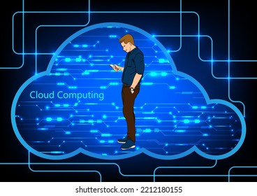 Graphics design Hitech Technology Cloud computing concept. Businessman holding smartphone connection online anywhere vector illustration
