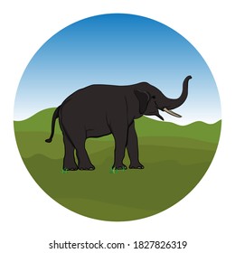 graphics design logo elephant standing with mountain background vector Illustration 