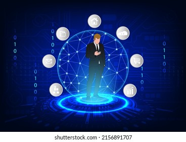 graphics design the man use mobile technology connection infrastructures and internet use, Hitech technology network connection future futurist communication vector illustration
