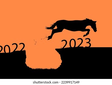 Graphics design silhouette horse jumping from 2022 to 2023 new year vector illustration