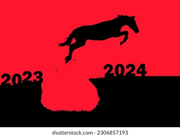 Graphics design silhouette horse jumping from 2023 to 2024 new year with sunrise background vector illustration