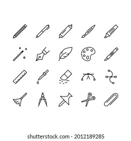 Graphics design tools flat line icons set. Pen, pencil, paintbrush, scissor, eraser. Simple flat vector illustration web site or mobile app.