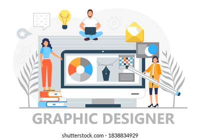 Vector de concepto de diseñador gráfico para la página de inicio. UX, el especialista en interfaz de usuario construye el sitio web y escribe código. Ingeniero de software trabajando en tecnología digital o IA. Desarrollo web en la empresa de TI.