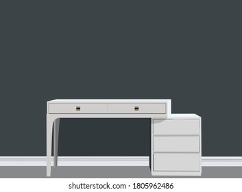 Graphics designer desk with laptop vector illustration. Beautiful office work space furniture poster on wall mock-up vector.